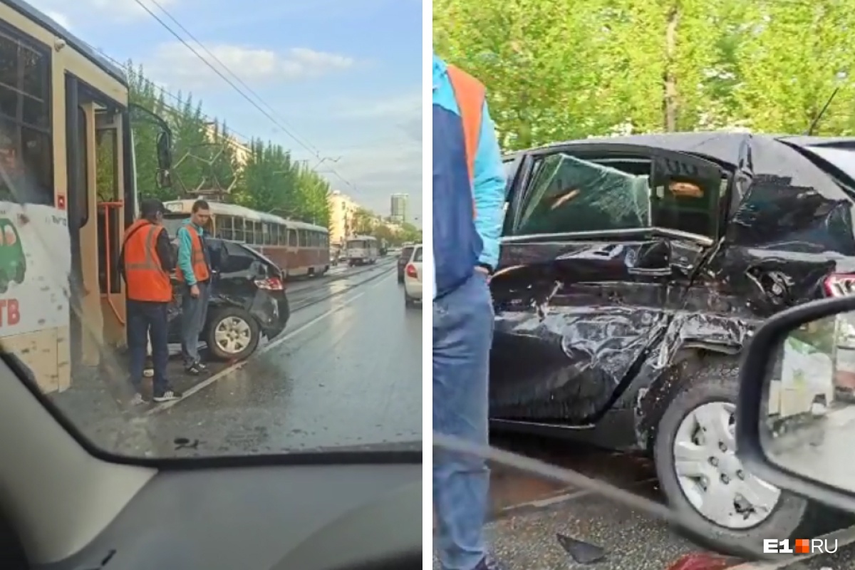 «Машина всмятку». В Екатеринбурге трамвай жестко протаранил иномарку
