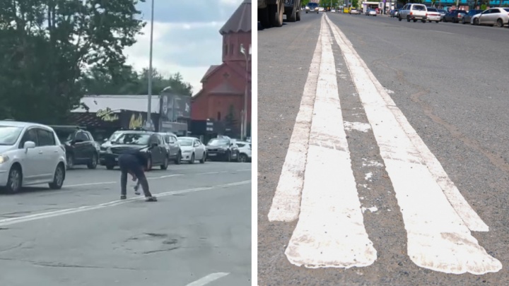 В Екатеринбурге возле престижного ЖК неизвестный маляр закрасил двойную сплошную линию дорожной разметки
