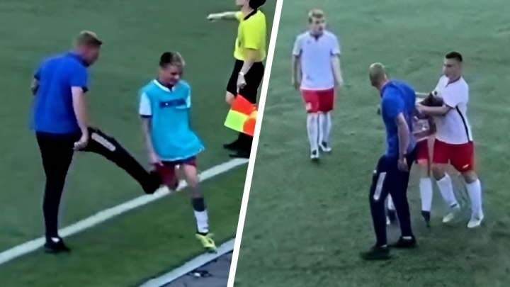 Российский тренер пнул одного игрока соперников и схватил за шею другого в матче юношеских команд по футболу. Видео