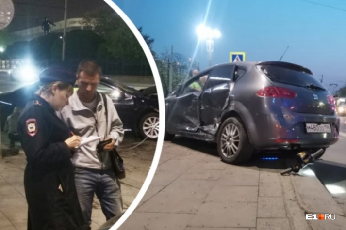 Сергей Суворов дает показания на месте аварии. Его машину выбросило на тротуар прямо в толпу пешеходов