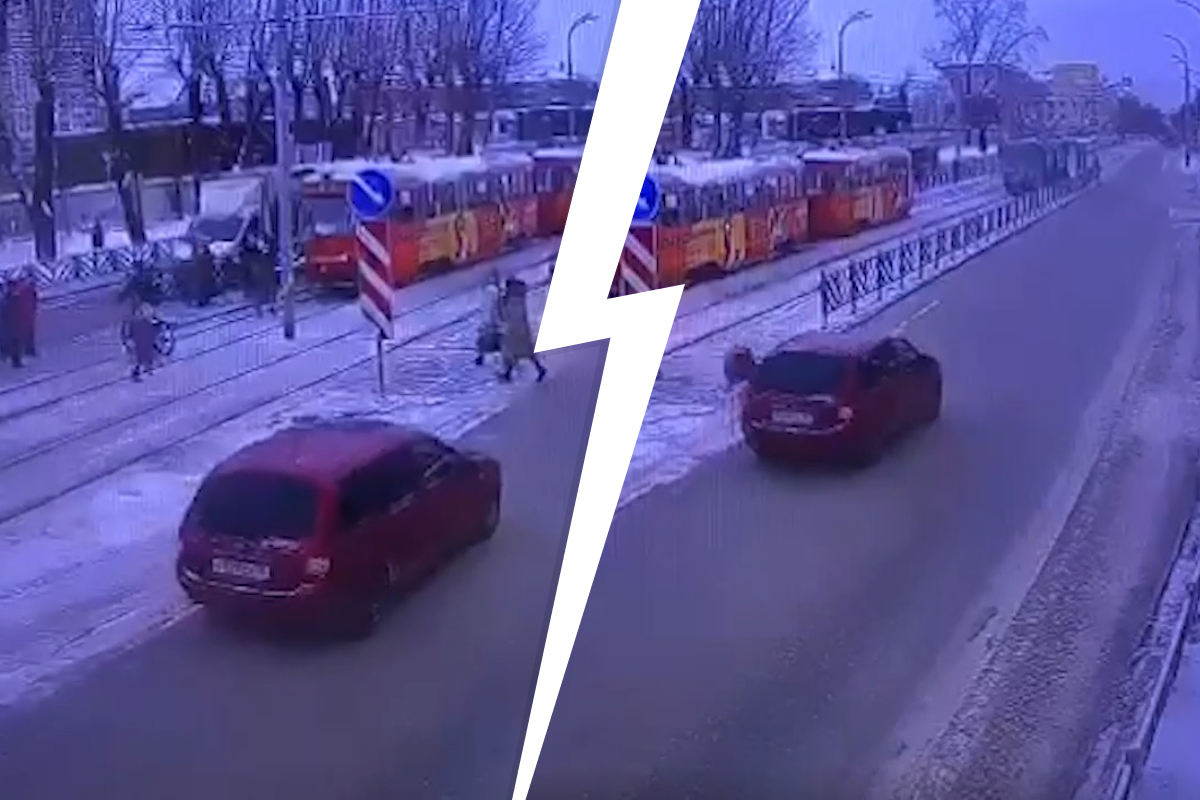 Появилось видео того, как школьница в Екатеринбурге поскользнулась и попала под машину