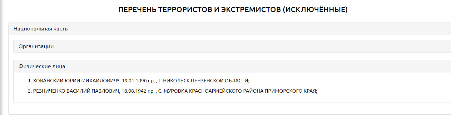 Исключена из перечня. Хованский в СИЗО. Юрий Хованский террорист.