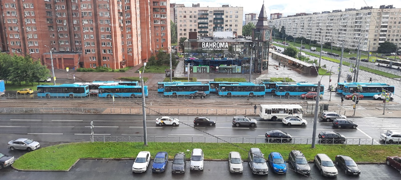 Седьмая 18. Санкт-Петербург. Проспект Просвещения Санкт-Петербург. Авария на углу Ивана Фомина и Просвещения. Пробка из автобусов.