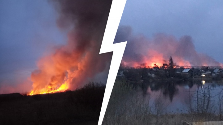 Под Ишимом горит поле около деревни — огонь видно из города
