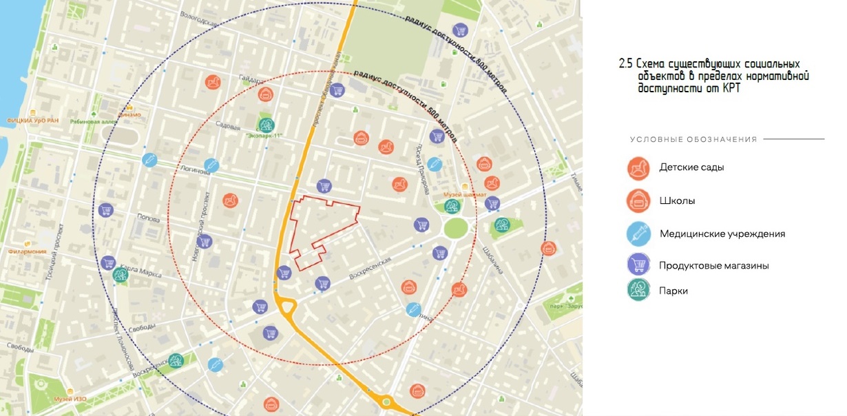 Карта соцобъектов — школ, детских садов, магазинов и других важных мест — вокруг квартала
