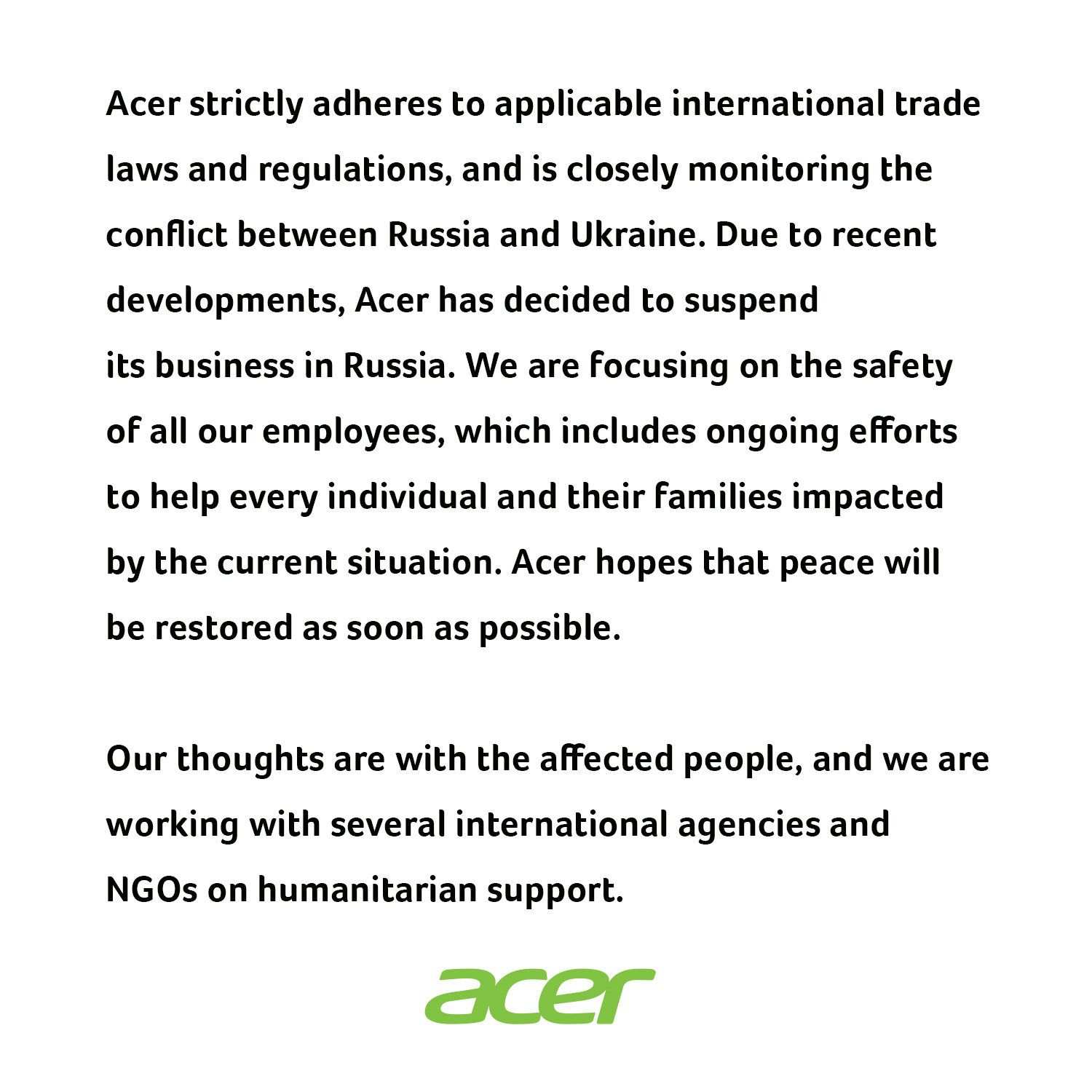 Заявление компании Acer в официальном «Твиттере» Заявление компании Acer в официальном «Твиттере»