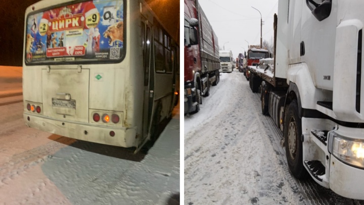 В Архангельске автобусы маршрута № 9 не могут доехать до порта Экономия — образовалась пробка из фур