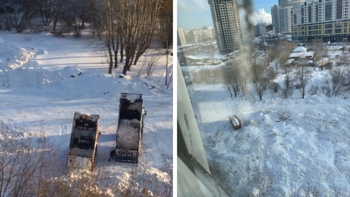 Грузовики устроили незаконную свалку снега в Екатеринбурге. Местные жители перекрывают им дорогу