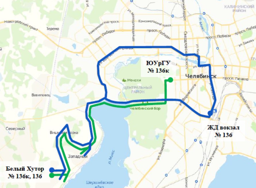 Синяя линия показывает старый маршрут № 136, который захватывал значительную часть города. Зеленая показывает новый маршрут <nobr class="_">№ 136 К,</nobr> он укороченный