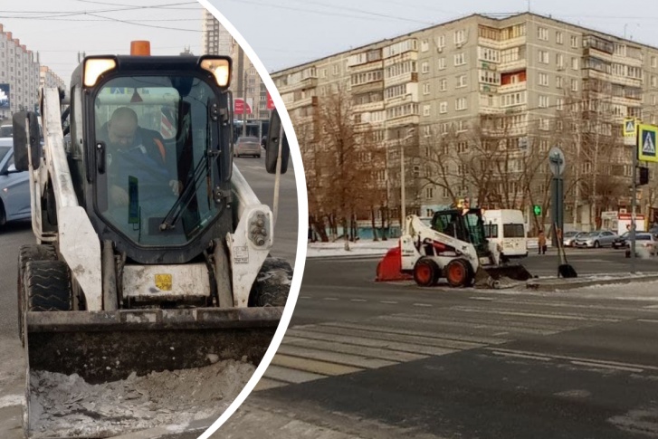 Снегоуборочный трактор с водителем внутри в какой-то момент встал посреди проезжей части Комсомольского проспекта