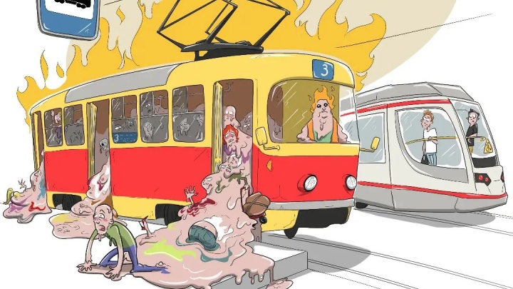 Краснодарский художник изобразил плавящихся в трамвае людей — от жары у них стекла кожа
