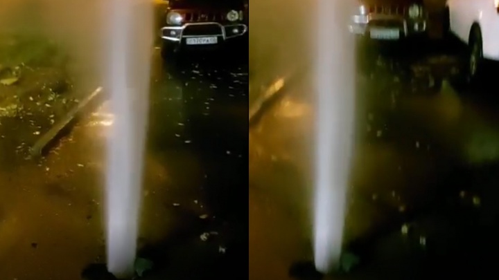 В центре Уфы из-под земли забил гейзер, очевидцы сняли видео