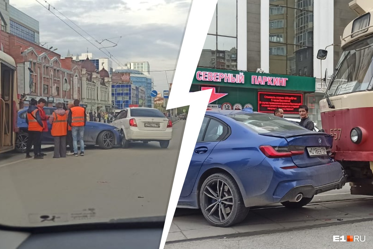 В Екатеринбурге трамвай протаранил дорогую иномарку, выехавшую на рельсы: видео ДТП