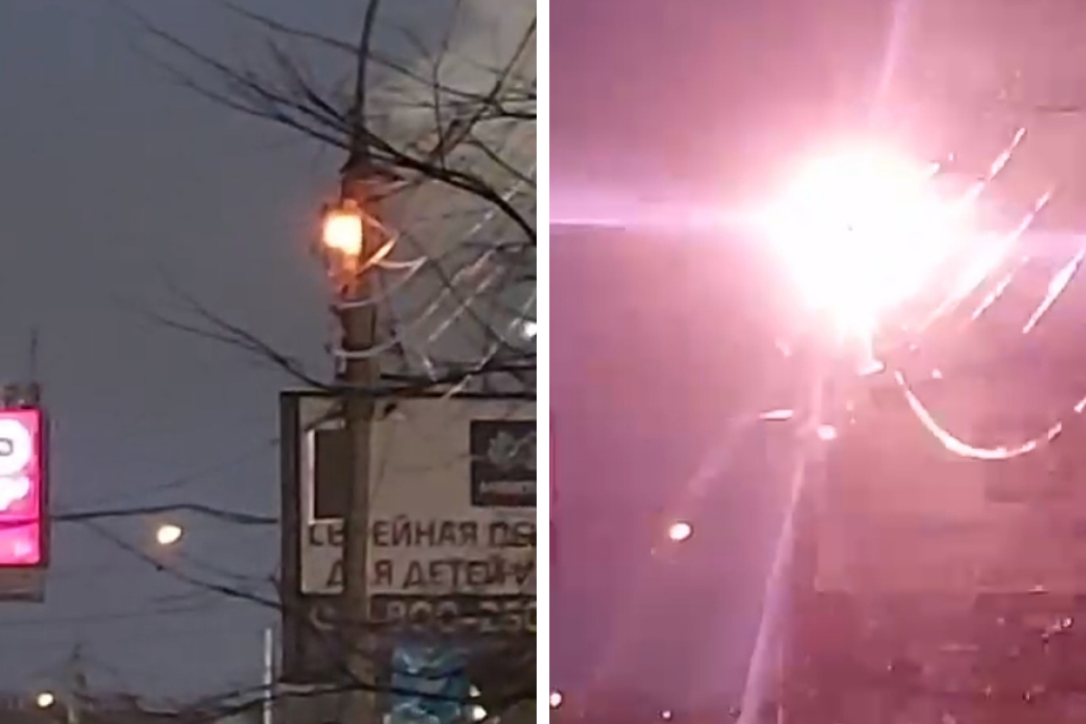 «Рядовая ситуация»: новосибирец заснял искрящийся столб в центре города — публикуем видео