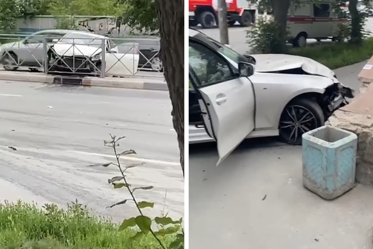 На Большевистской столкнулись KIA и BMW, один автомобиль врезался в здание — видео после аварии