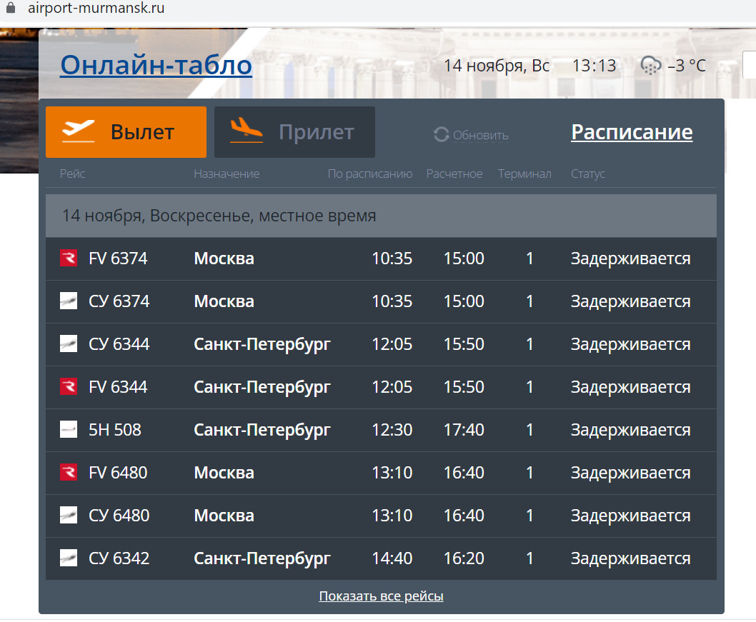 Из-за метели закрыли аэропорт Мурманска, петербургские рейсы задерживаются