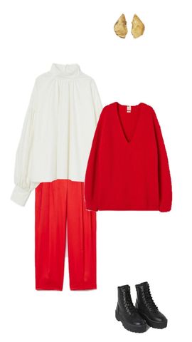 Все подобранные вещи в образе от бренда H&M. За праздничность отвечают блуза и брюки, за удобство — джемпер и ботинки Все подобранные вещи в образе от бренда H&M. За праздничность отвечают блуза и брюки, за удобство — джемпер и ботинки
