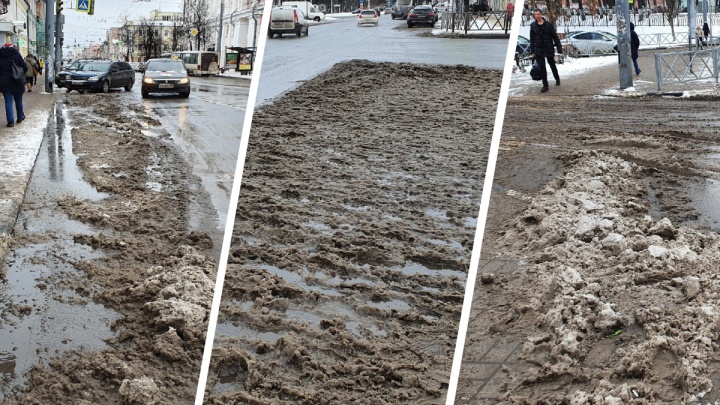 Город превратился в грязную лужу: 15 фотографий из центра Ярославля, который, похоже, забыли почистить