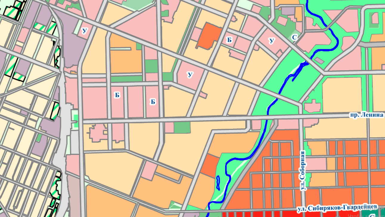 Розовым указаны многофункциональные общественно-деловые зоны, светло-желтые — средне этажные жилые застройки