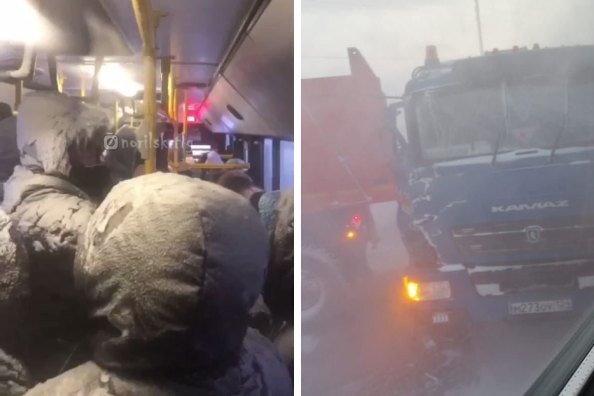 В Норильске столкнулись 2 автобуса и 2 грузовика. Окна разбились, пассажиров замело снегом