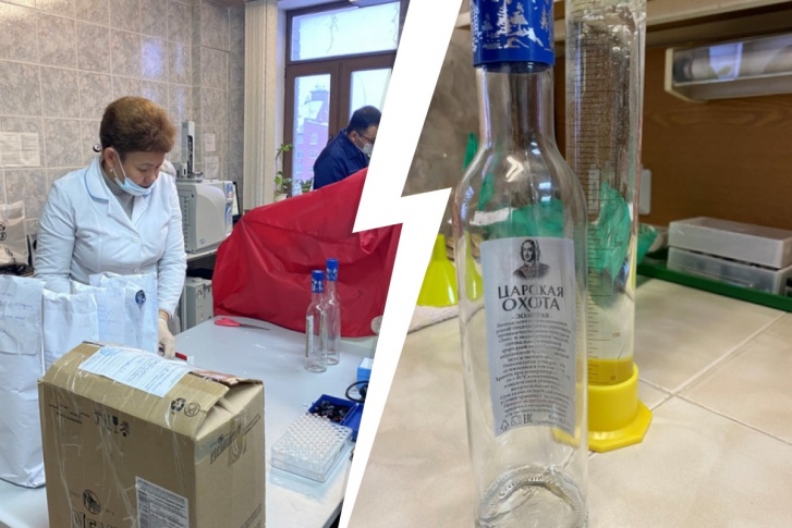 Эксперты проверяют бутылки суррогата и содержимое канистр Эксперты проверяют бутылки суррогата и содержимое канистр