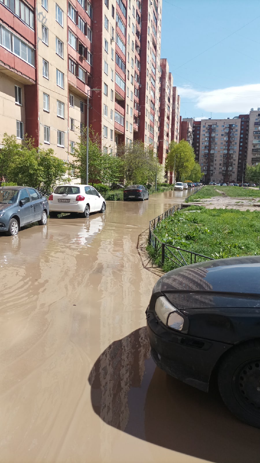 Светло-коричневая река потекла по улице на юго-западе Петербурга