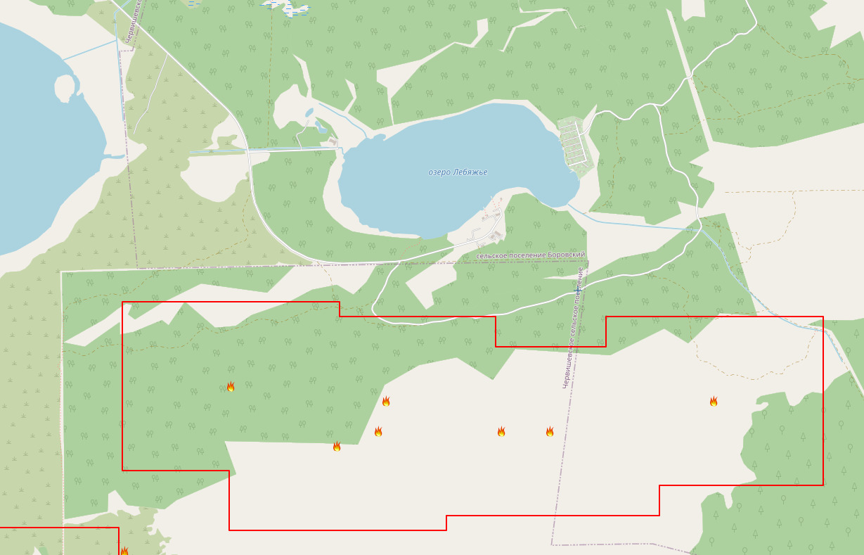 Карта пожара у озера Лебяжье