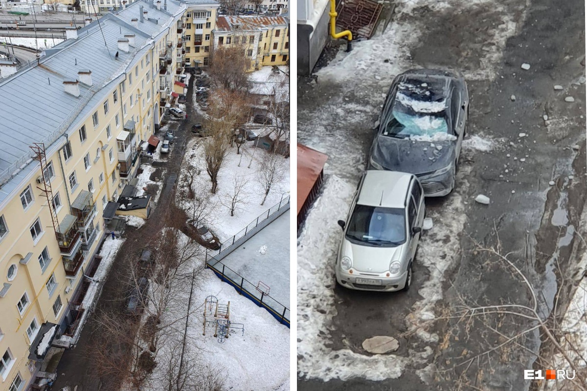 «Мы думали, что-то взорвалось». В центре Екатеринбурга упавший с крыши кусок льда смял Toyota Camry