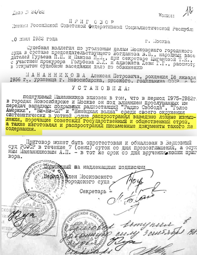 Фрагменты уникального документа — постановления советского суда, который судил 30 июня 1982 года Мананникова за дискредитацию советской власти