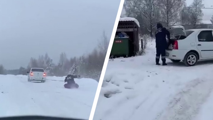 Мужчина в форме ДПС прокатился на «ватрушке», прицепленной к машине, в Краснобаковском районе. Очевидцы сняли это на видео