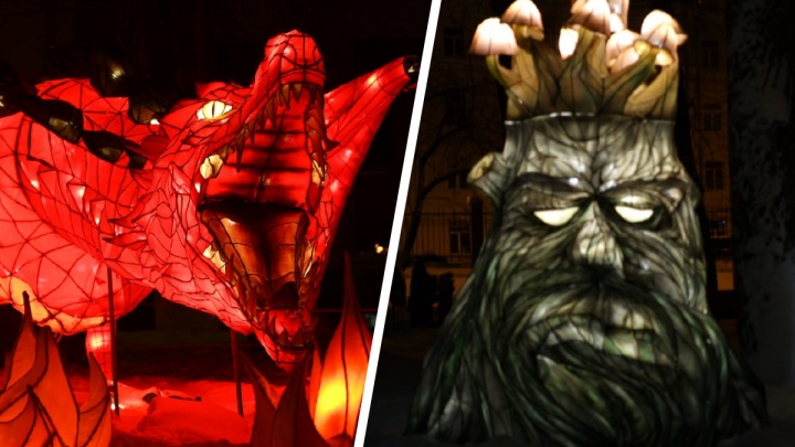 Драконы, огр и злой пень: в Петровском парке открылась выставка светящихся фигур