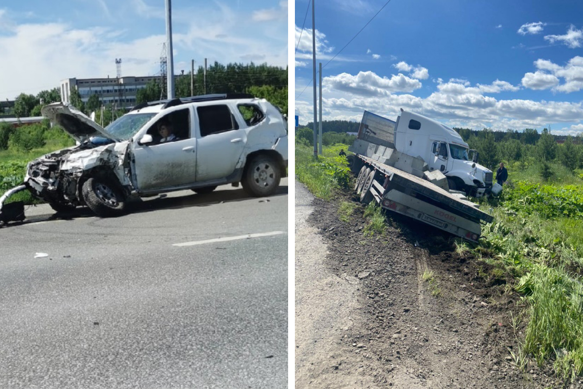 Серьезная авария на ЕКАД: груженая фура оказалась в кювете после столкновения с Renault