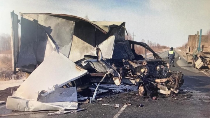 На трассе в Курганской области сгорела «Газель» после столкновения с КАМАЗом