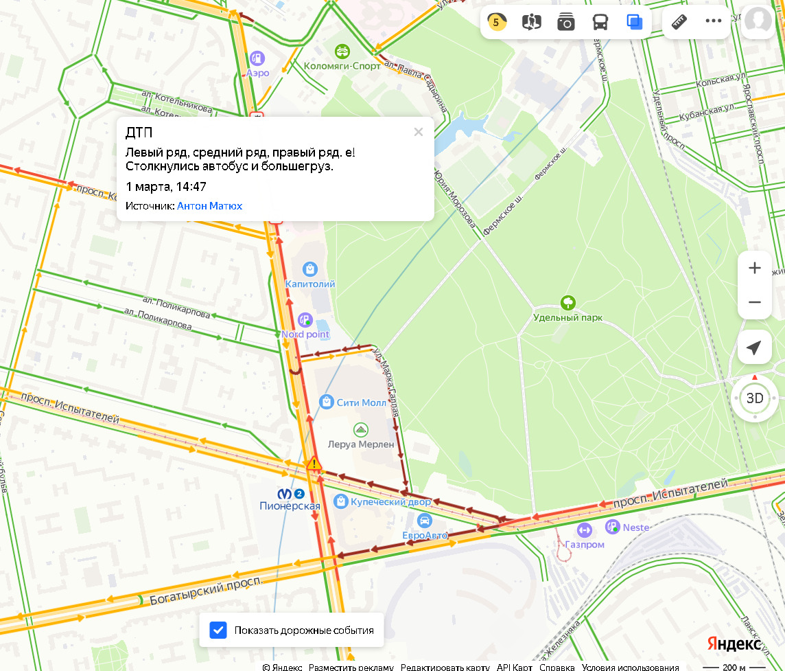 Карта дтп. 2022.03.01 Автобус. Пр. Энгельса, 73 в Санкт - Петербурге.