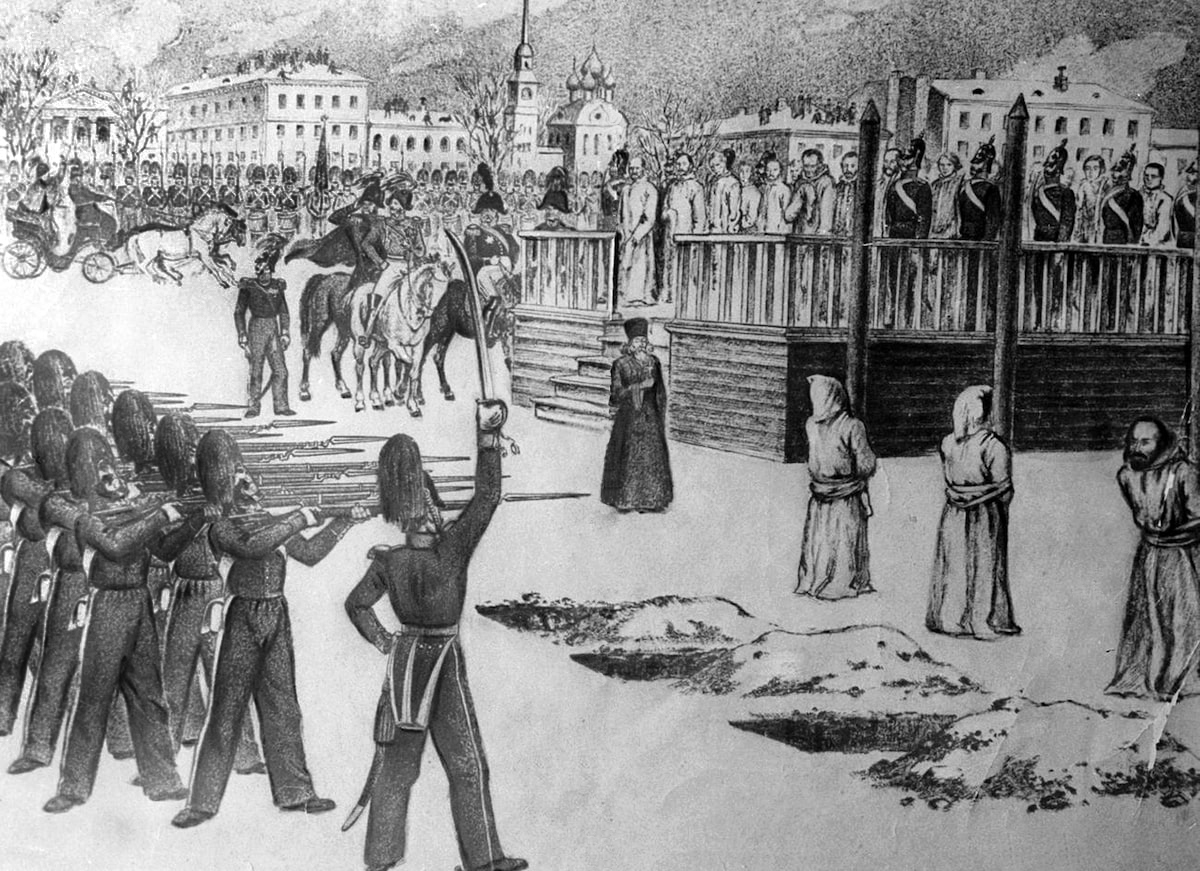 «Обряд казни на Семеновском плацу», рисунок Бориса Покровского, 1849 год «Обряд казни на Семеновском плацу», рисунок Бориса Покровского, 1849 год