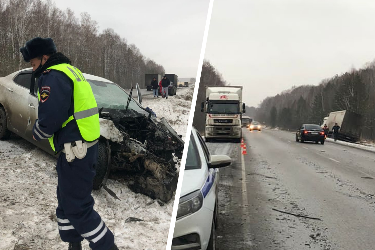 На Тюменском тракте водитель KIA устроил лобовое с КАМАЗом. Четырех человек увезли в больницу