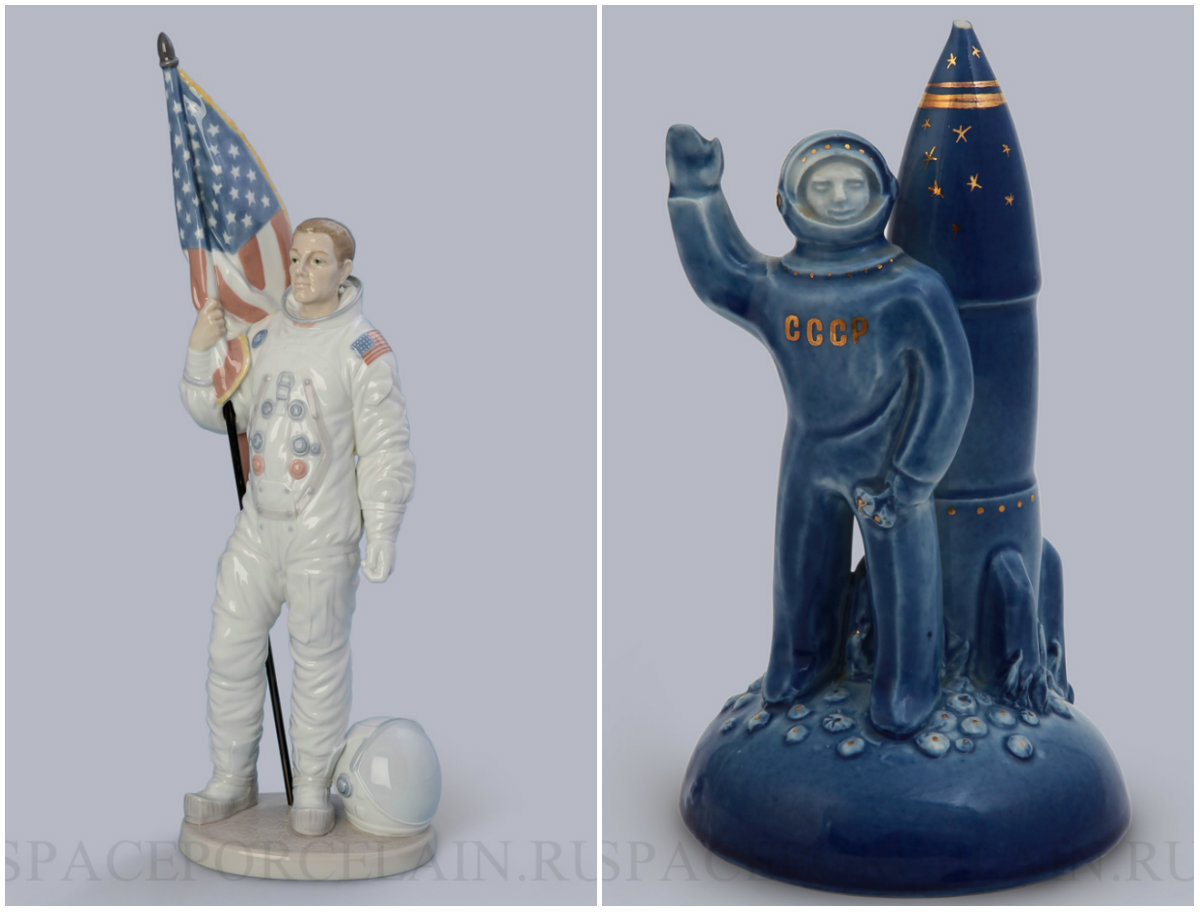 Справа – статуэтка «Астронавт». Фарфоровый завод Llardo (Испания). 1994 год. Слева – статуэтка «Космонавт с ракетой», автор неизвестен. Первомайский фарфоровый завод. 70-80-е годы