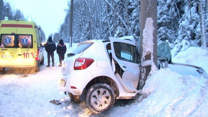 На трассе Пермь — Березники женщина за рулем белого Renault влетела в столб
