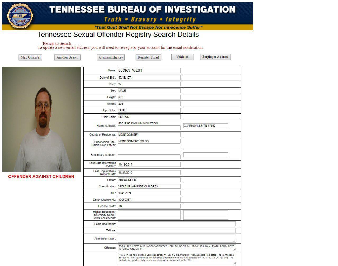 скриншот страницы сайта The Tennessee Bureau of Investigation