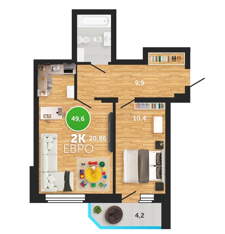 Благодаря удобной геометрии комнат "евродвушка" очень удобна для проживания. Пример обустройства квартиры для семьи.