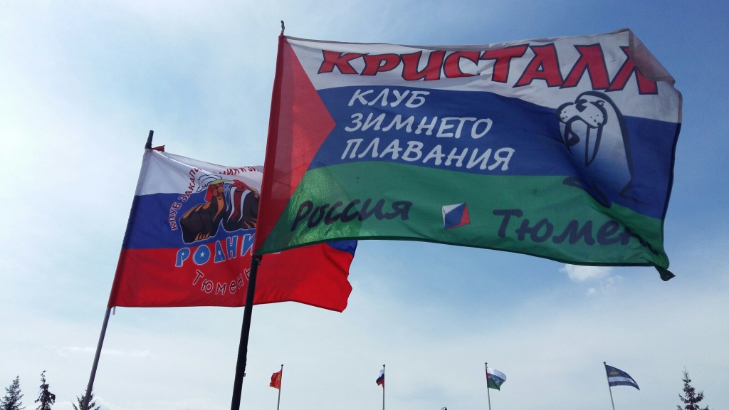 Гордо развеваются на ветру флаги, пока пловцы готовятся к старту Гордо развеваются на ветру флаги, пока пловцы готовятся к старту