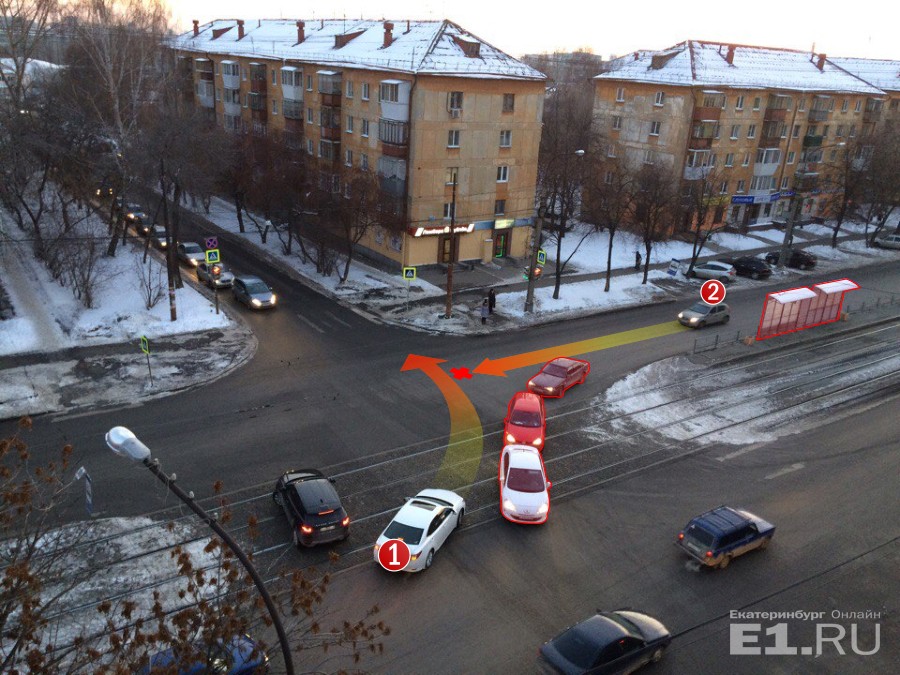 Первый автомобиль хочет повернуть налево, второй – проскочить прямо. Из-за встречки и трамвайной остановки они не видят друг друга
Первый автомобиль хочет повернуть налево, второй – проскочить прямо. Из-за встречки и трамвайной остановки они не видят друг друга