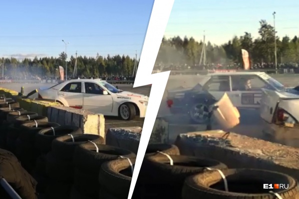 На соревнованиях в Верхней Пышме Toyota врезалась в ограждение, а бампер отлетел На соревнованиях в Верхней Пышме Toyota врезалась в ограждение, а бампер отлетел