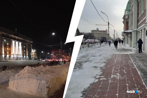 Фото на левой части коллажа сделано вечером 28 декабря — к тому моменту сугроб здесь пролежал несколько суток. На правой части —расчищенная сегодня утром дорога Фото на левой части коллажа сделано вечером 28 декабря — к тому моменту сугроб здесь пролежал несколько суток. На правой части —расчищенная сегодня утром дорога