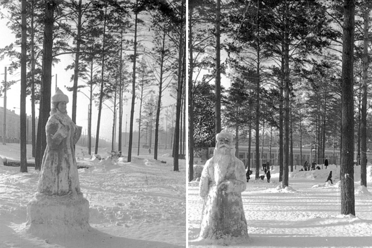 Снежные Дед Мороз и Снегурочка в 1965 году стояли у стадиона «Сибирь». По фигурам видно, что авторы очень старались<br> Снежные Дед Мороз и Снегурочка в 1965 году стояли у стадиона «Сибирь». По фигурам видно, что авторы очень старались<br>