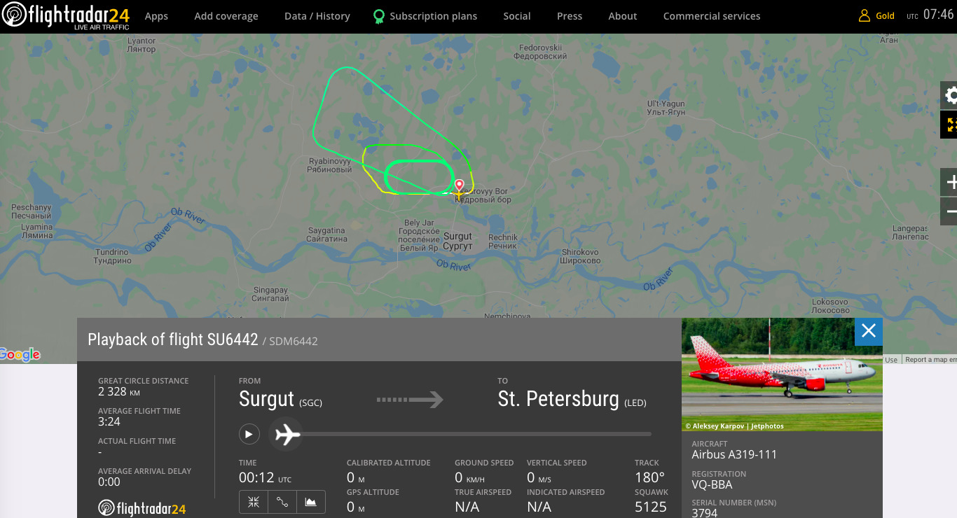 Самолёт «России» не долетел до Петербурга. Капитан вернул судно в Сургут из-за сработавшего датчика