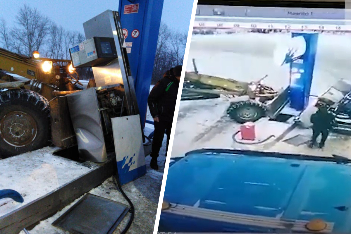 Грейдер без водителя проделал круг и врезался в бензоколонку под Новосибирском — это попало на видео