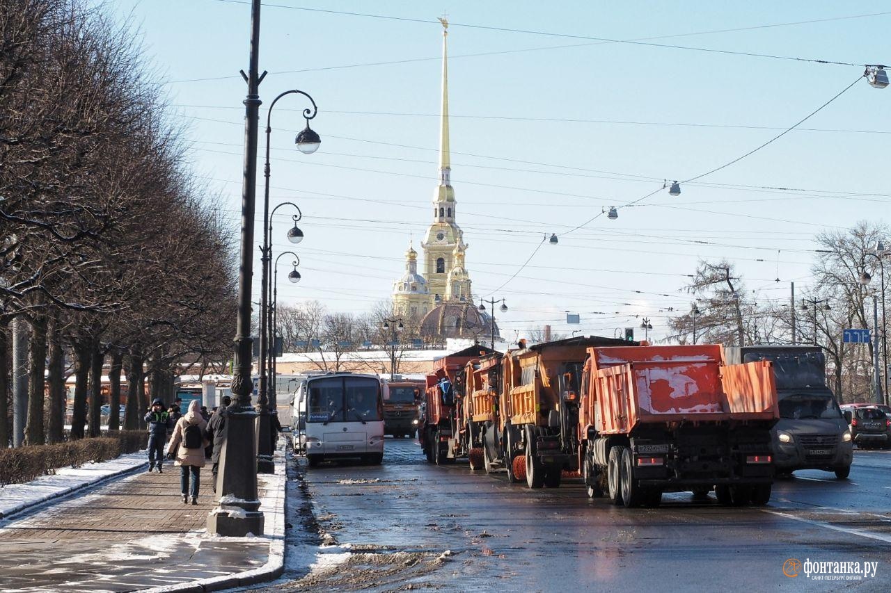 В районе Троицкой площади корреспондент «Фонтанки» видит поставленные рамки, снегоуборочную технику и заборы. <br>