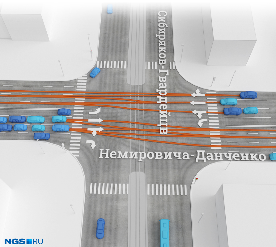 Схема движения на перекрестке улиц Немировича-Данченко и Сибиряков-Гвардейцев Схема движения на перекрестке улиц Немировича-Данченко и Сибиряков-Гвардейцев