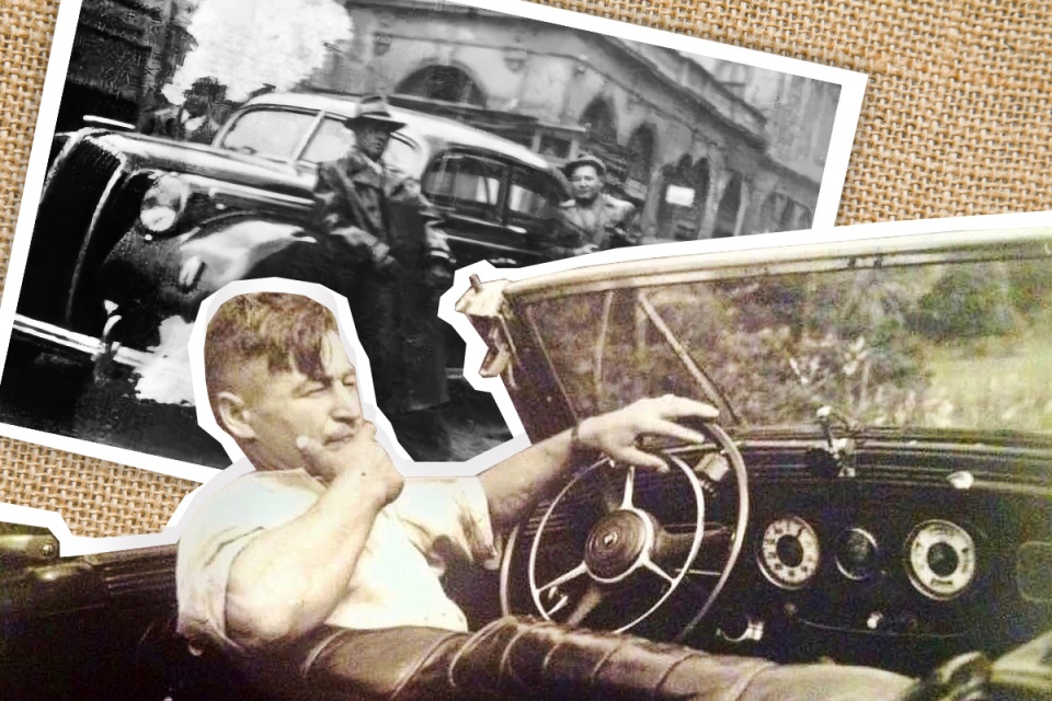 На фото Иван Игнатьевич — в длинном плаще на переднем плане. После войны он продолжил работать водителем
